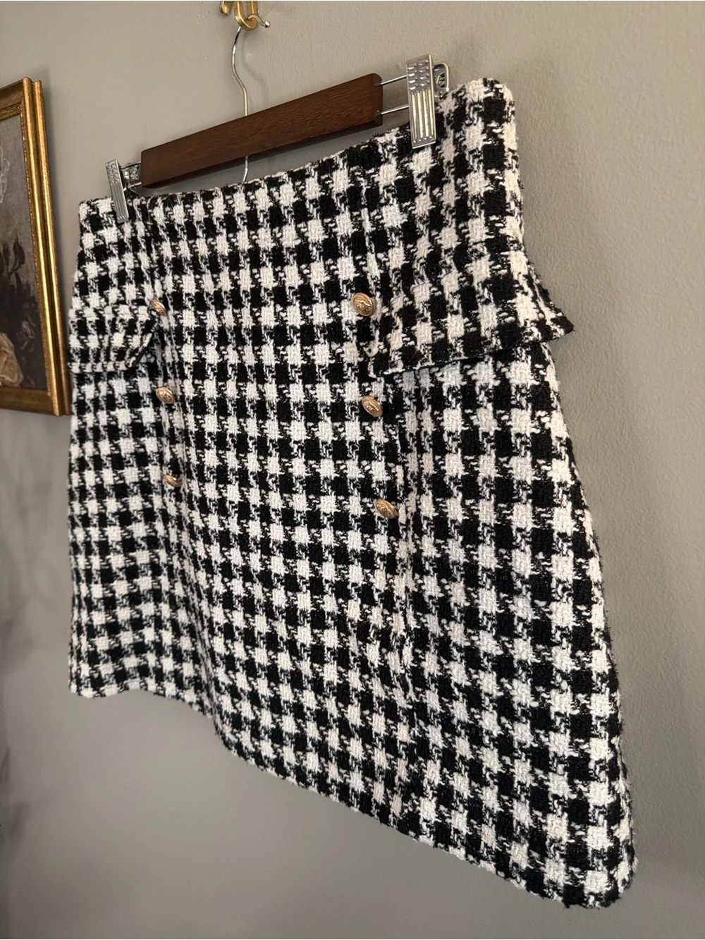 Mi Ami Tweed Houndstooth Mini Skirt Gold Button Black White Size Large